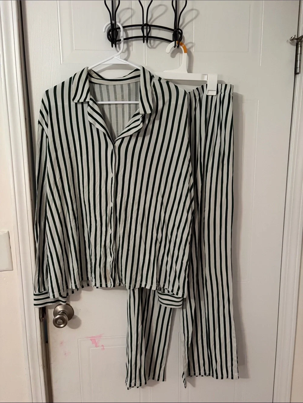 Striped Button-Up Top and Matching Pants Set - Green on White